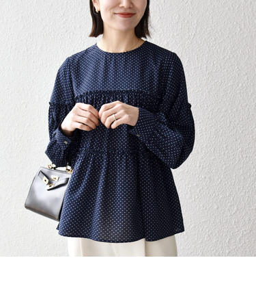 《予約》SHIPS any:〈洗濯機可能〉ドット ノーカラー ティアード フレア ブラウス