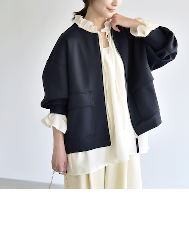 《予約》quaranciel:〈洗濯機可能〉ダンボール ノーカラー コンパクト ブルゾン