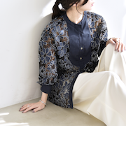 《予約》quaranciel:〈手洗い可能〉デニム フラワー レース バンドカラー シャツ