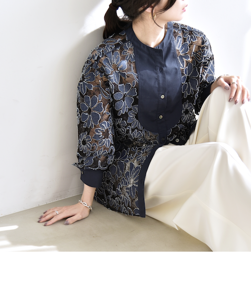 《予約》quaranciel:〈手洗い可能〉デニム フラワー レース バンドカラー シャツ
