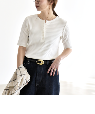 《予約》quaranciel:〈洗濯機可能〉テレコ リブ 2way ヘンリーネック TEE