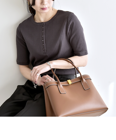 《予約》quaranciel:〈洗濯機可能〉テレコ リブ 2way ヘンリー ハーフスリーブ TEE