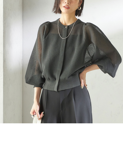 《予約》〈手洗い可能〉メランジ シアー パフ スリーブ カーディガン