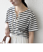 《予約》SHIPS any:〈洗濯機可能〉マリンボーダー レースアップ ショートスリーブ TEE