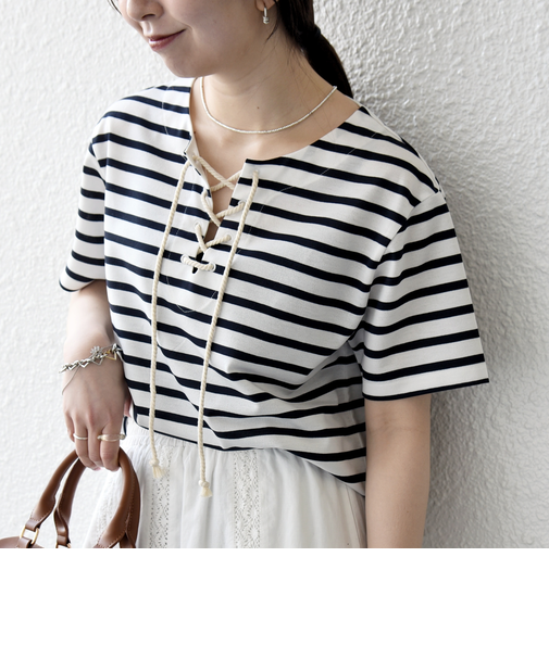 《予約》SHIPS any:〈洗濯機可能〉マリンボーダー レースアップ ショートスリーブ TEE