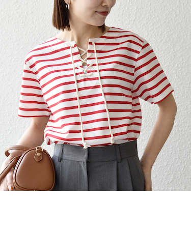 《予約》SHIPS any:〈洗濯機可能〉マリンボーダー レースアップ ショートスリーブ TEE
