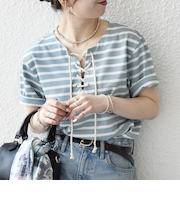 《予約》SHIPS any:〈洗濯機可能〉マリンボーダー レースアップ ショートスリーブ TEE