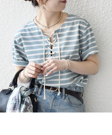 《予約》SHIPS any:〈洗濯機可能〉マリンボーダー レースアップ ショートスリーブ TEE