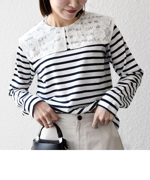 《予約》SHIPS any:〈洗濯機可能〉マリンボーダー レース 襟 プルオーバー