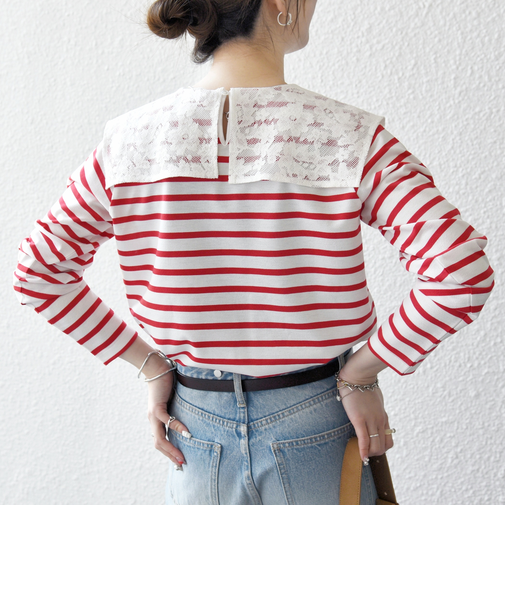 《予約》SHIPS any:〈洗濯機可能〉マリンボーダー レース 襟 プルオーバー