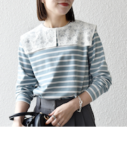 《予約》SHIPS any:〈洗濯機可能〉マリンボーダー レース 襟 プルオーバー