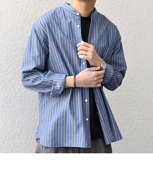 SHIPS any:〈洗濯機可能〉コットン/リネン ストライプ バンドカラー シャツ 26SS◆