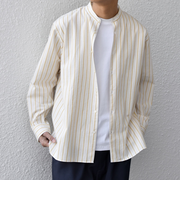 SHIPS any:〈洗濯機可能〉コットン/リネン ストライプ バンドカラー シャツ 26SS◆