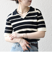 《予約》SHIPS any:〈手洗い可能〉バスケット編み 配色 マルチボーダー ポロ ニット