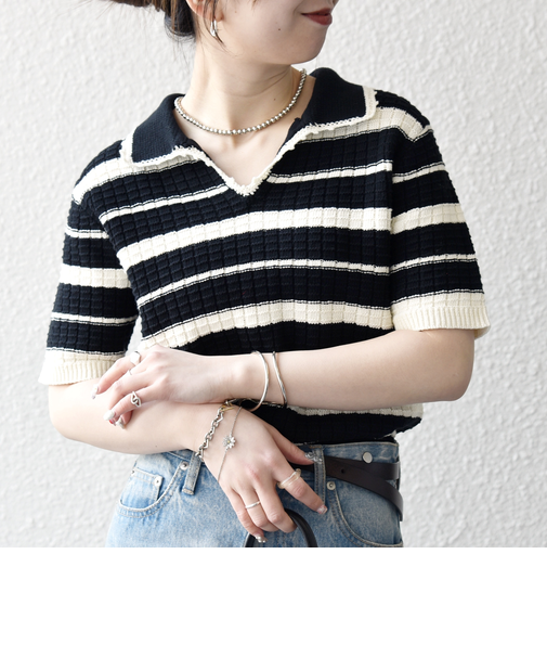 《予約》SHIPS any:〈手洗い可能〉バスケット編み 配色 マルチボーダー ポロ ニット