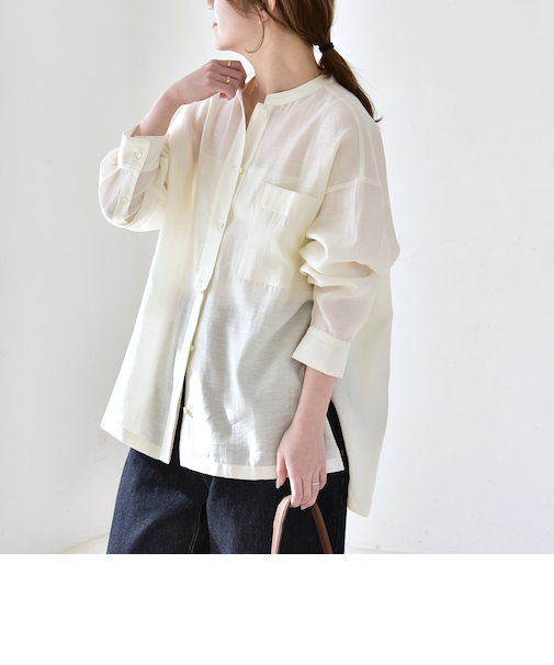 《予約》quaranciel:〈洗濯機可能〉リネン ミックス バンドカラー ポケット シャツ