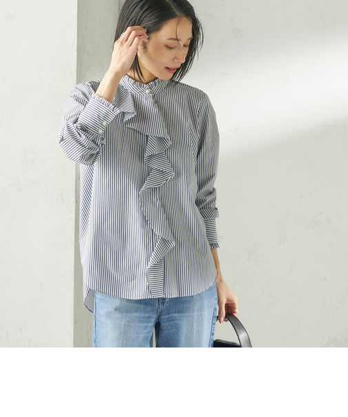 《予約》〈手洗い可能〉パール モチーフ ボタン フリル ブラウス