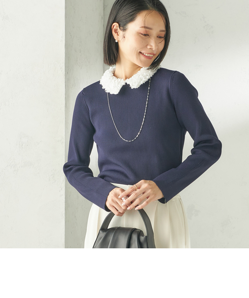 〈手洗い可能〉2WAY ポリエステル フリル カラー リブ ニット
