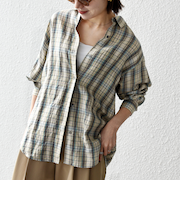 《予約》SHIPS any:〈洗濯機可能〉リネン ミックス レギュラーカラー ルーズ 刺繍 シャツ(チェック)