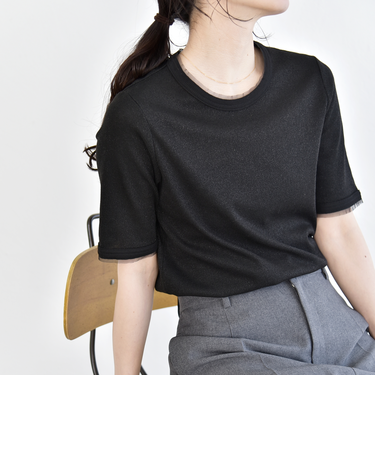 《予約》quaranciel:〈手洗い可能〉ラメ リブ ハーフスリーブ クルーネック TEE