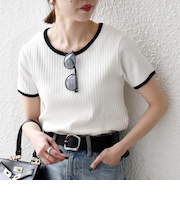《予約》SHIPS any:〈洗濯機可能〉テレコ リブ バイカラー ショートスリーブ TEE