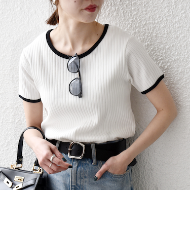 《予約》SHIPS any:〈洗濯機可能〉テレコ リブ バイカラー ショートスリーブ TEE