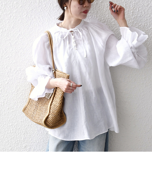 《予約》SHIPS any:〈洗濯機可能〉リネン ボリューム スリーブ ブラウス
