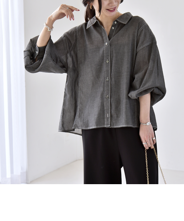 《予約》quaranciel:〈洗濯機可能〉シアー デニム ギャザー レギュラー シャツ
