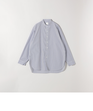 ROYAL NAVY:〈洗濯機可能〉ストライプ バンドカラー ラウンドヘム シャツ