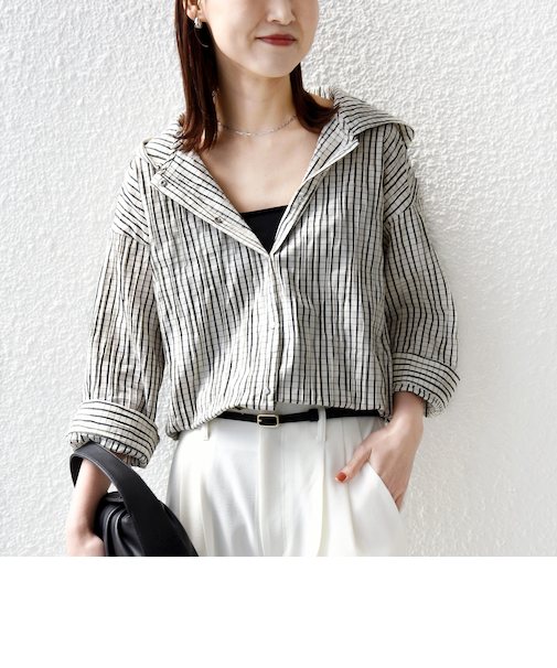 《予約》【WEB限定】〈手洗い可能〉ストライプ フード 羽織り シャツ