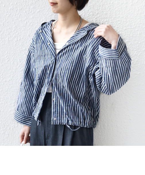 《予約》【WEB限定】〈手洗い可能〉ストライプ フード 羽織り シャツ
