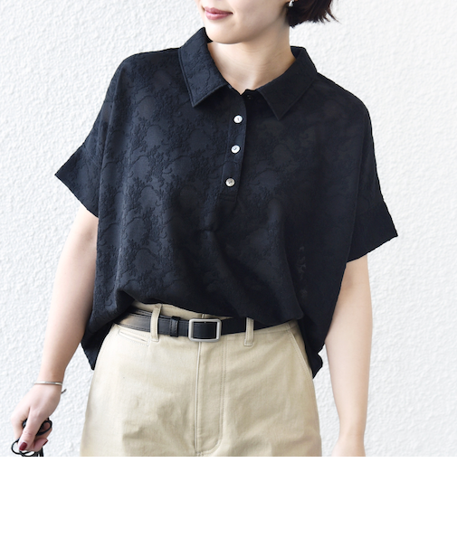 《予約》【WEB限定】〈手洗い可能〉シアー ジャカード ポロ 襟 ショート スリーブ プルオーバー