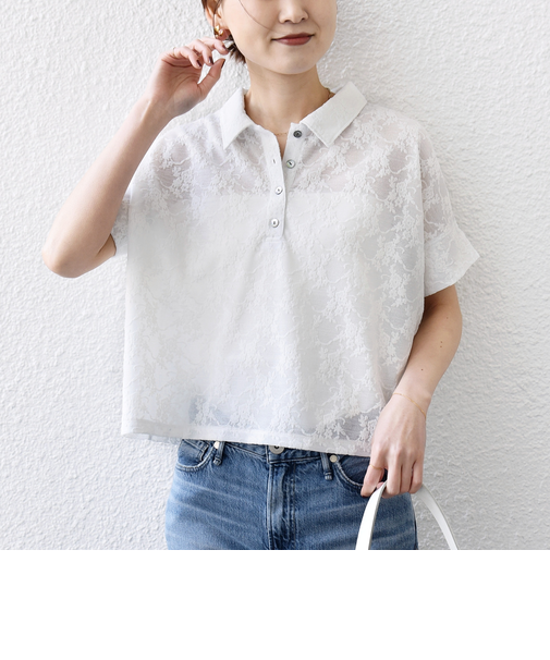 《予約》【WEB限定】〈手洗い可能〉シアー ジャカード ポロ 襟 ショート スリーブ プルオーバー