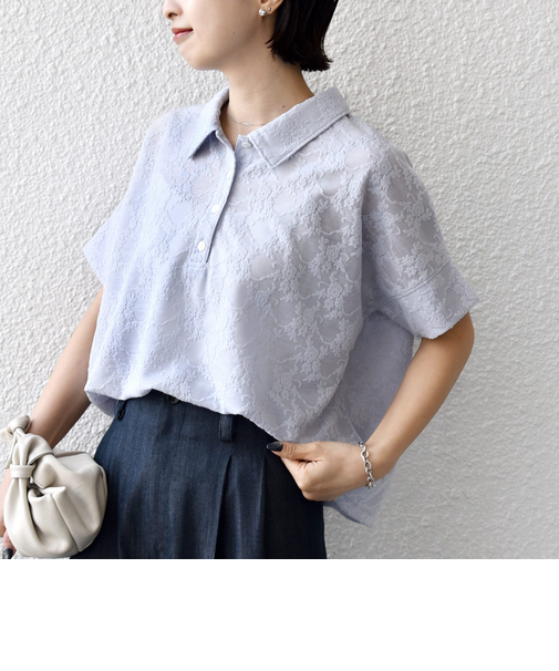 《予約》【WEB限定】〈手洗い可能〉シアー ジャカード ポロ 襟 ショート スリーブ プルオーバー