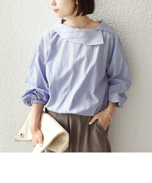 予約》SHIPS Colors:〈洗濯機可能〉ロールカラー ストライプ ブラウス2