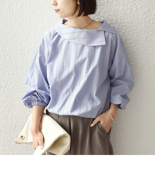 《予約》SHIPS Colors:〈洗濯機可能〉ロールカラー ストライプ ブラウス2◆