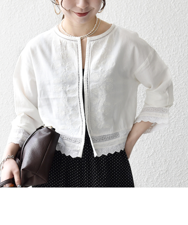 《予約》SHIPS any:〈手洗い可能〉リネンミックス ハシゴレース シャツ カーディガン