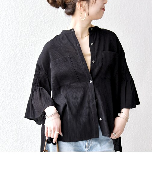 《予約》SHIPS any:〈洗濯機可能〉楊柳 シアー バンド カラー フレア シャツ
