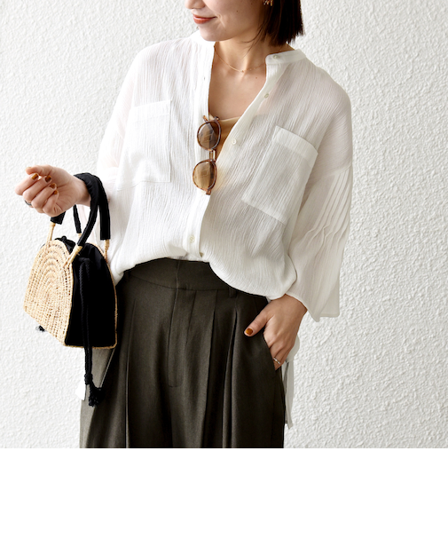 《予約》SHIPS any:〈洗濯機可能〉楊柳 シアー バンド カラー フレア シャツ