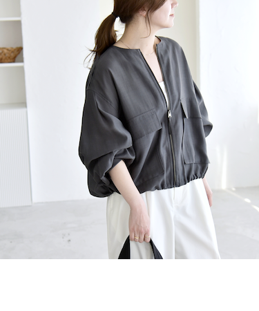 《予約》quaranciel:〈手洗い可能〉リネン ミックス ノーカラー ドロスト ブルゾン