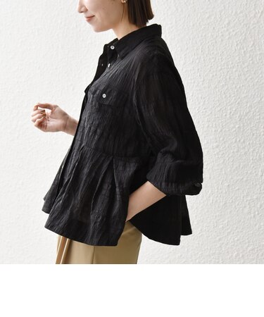 《予約》SHIPS any:〈手洗い可能〉シアー チェック レギュラーカラー ペプラム シャツ