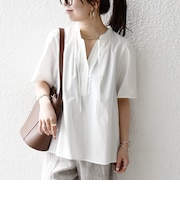 《予約》SHIPS any:〈洗濯機可能〉タイプライター フリル スキッパー パフ ブラウス