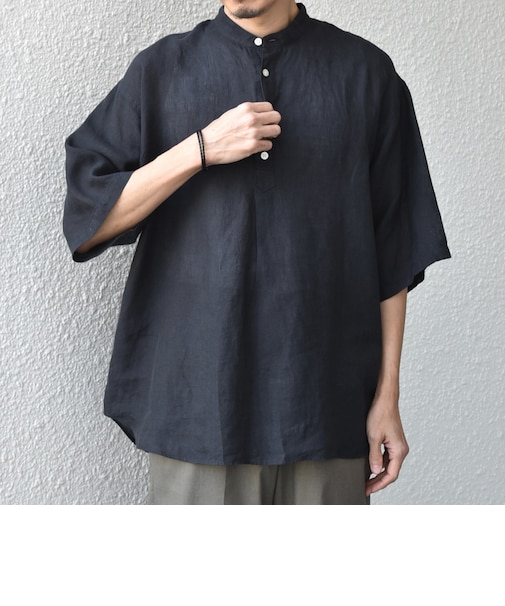 SHIPS any:〈洗濯機可能〉ピュアリネン バンド スキッパー ハーフスリーブ プルオーバー シャツ 26SS◆