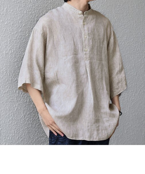 SHIPS any:〈洗濯機可能〉ピュアリネン バンド スキッパー ハーフスリーブ プルオーバー シャツ 26SS◆