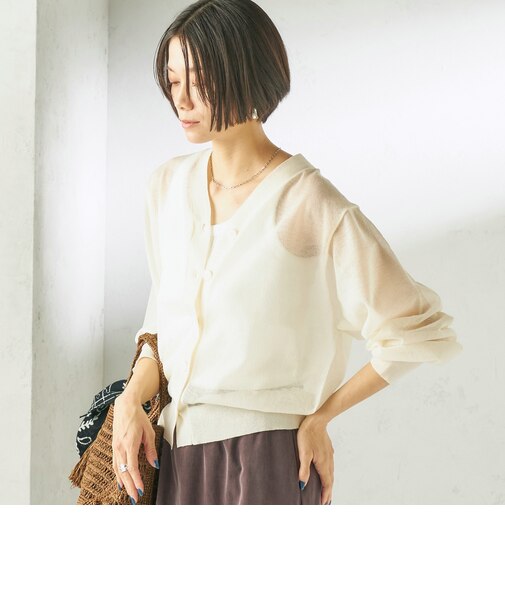 《一部追加予約》〈手洗い可能〉麻混 シアー Vネック カーディガン