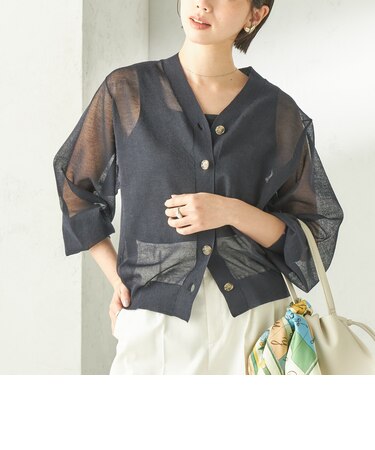 《予約》〈手洗い可能〉麻混 シアー Vネック カーディガン