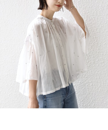 《予約》〈手洗い可能〉コットン オーガンジー リーフ 刺繍 羽織 ブラウス