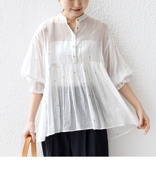 《予約》〈手洗い可能〉コットン オーガンジー リーフ 刺繍 袖 フリル ブラウス