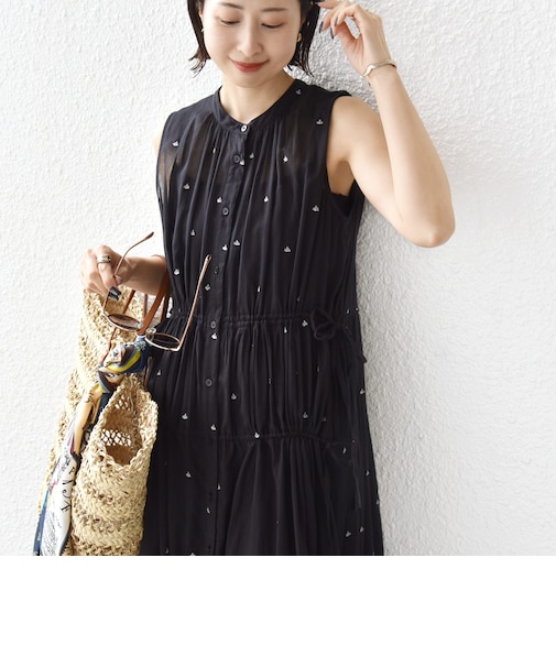 《予約》〈手洗い可能〉コットン オーガンジー 刺繍 ウエスト ドロスト ワンピース