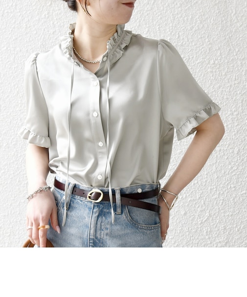 《予約》SHIPS any:〈洗濯機可能〉サテン フリル カラー リボン ショートスリーブ シャツ ブラウス